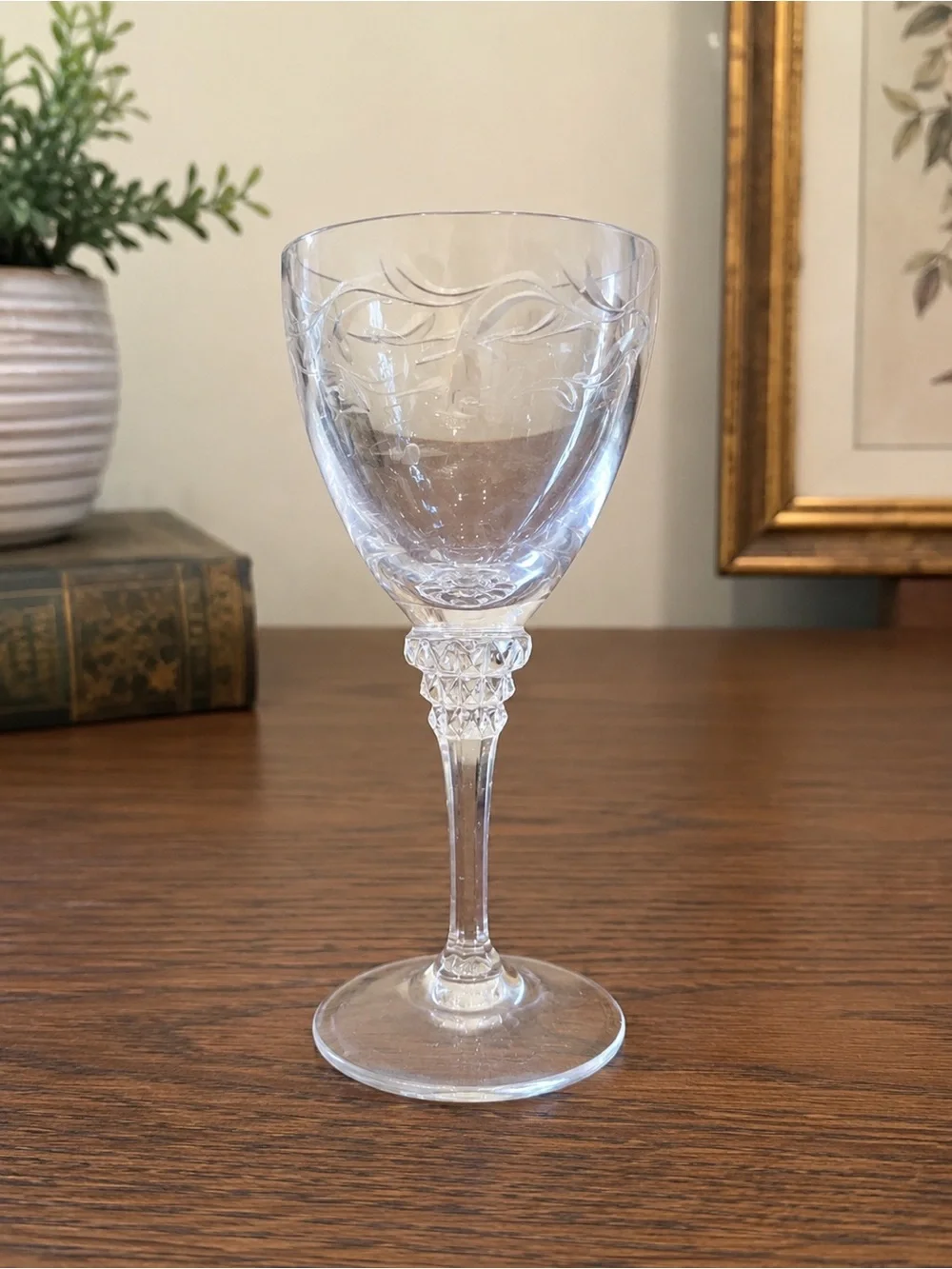 Vintage Clear Etched Crystal Wine Goblets Set of 8 Diamond Stem Scroll Pattern